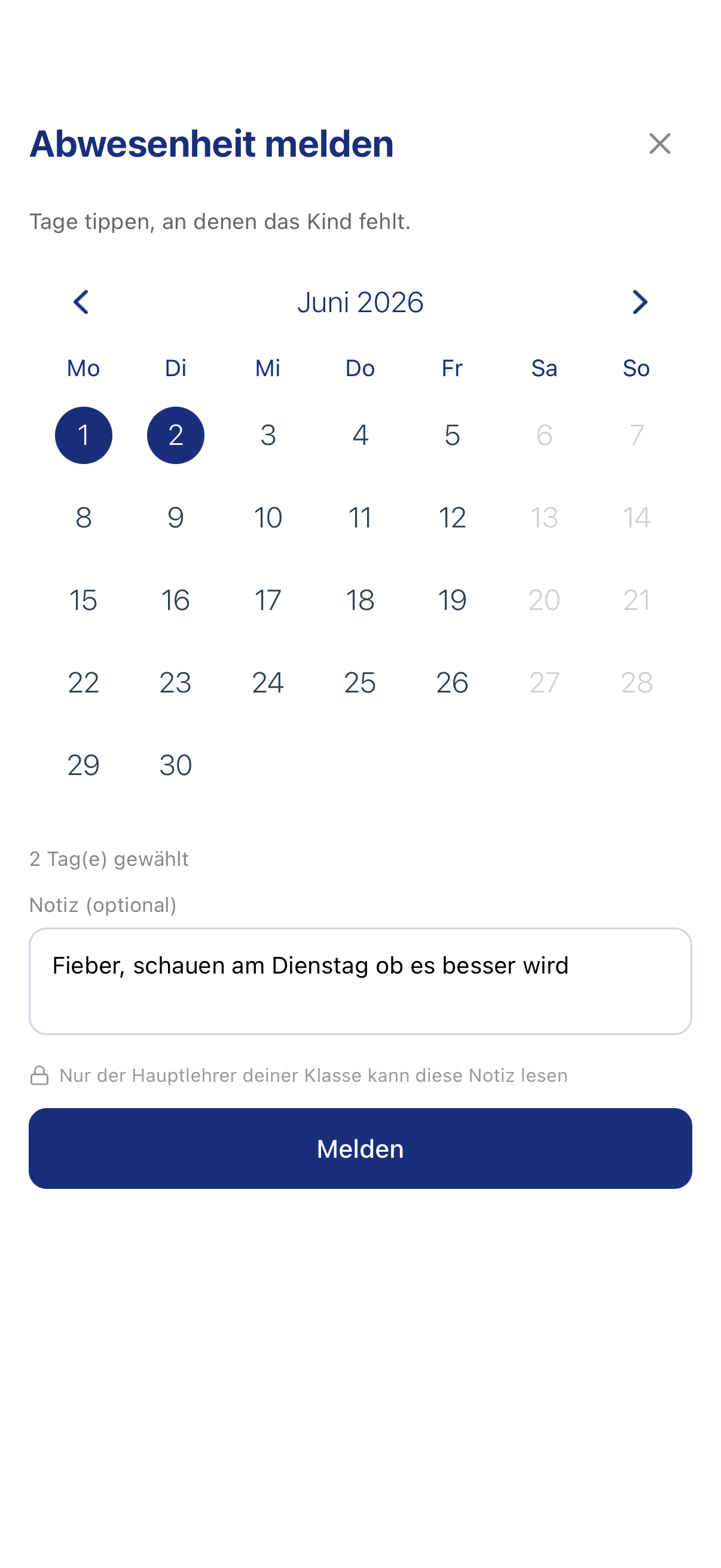 Abwesenheit melden in der mato App