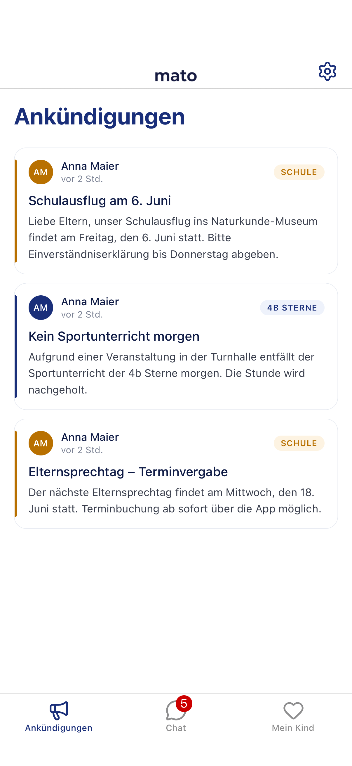 Ankündigungen in der mato App